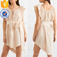 Beige Flügelärmeln asymmetrischen Hem Plissee Mini Sommerkleid mit Gürtel Herstellung Großhandel Mode Frauen Bekleidung (TA0279D)